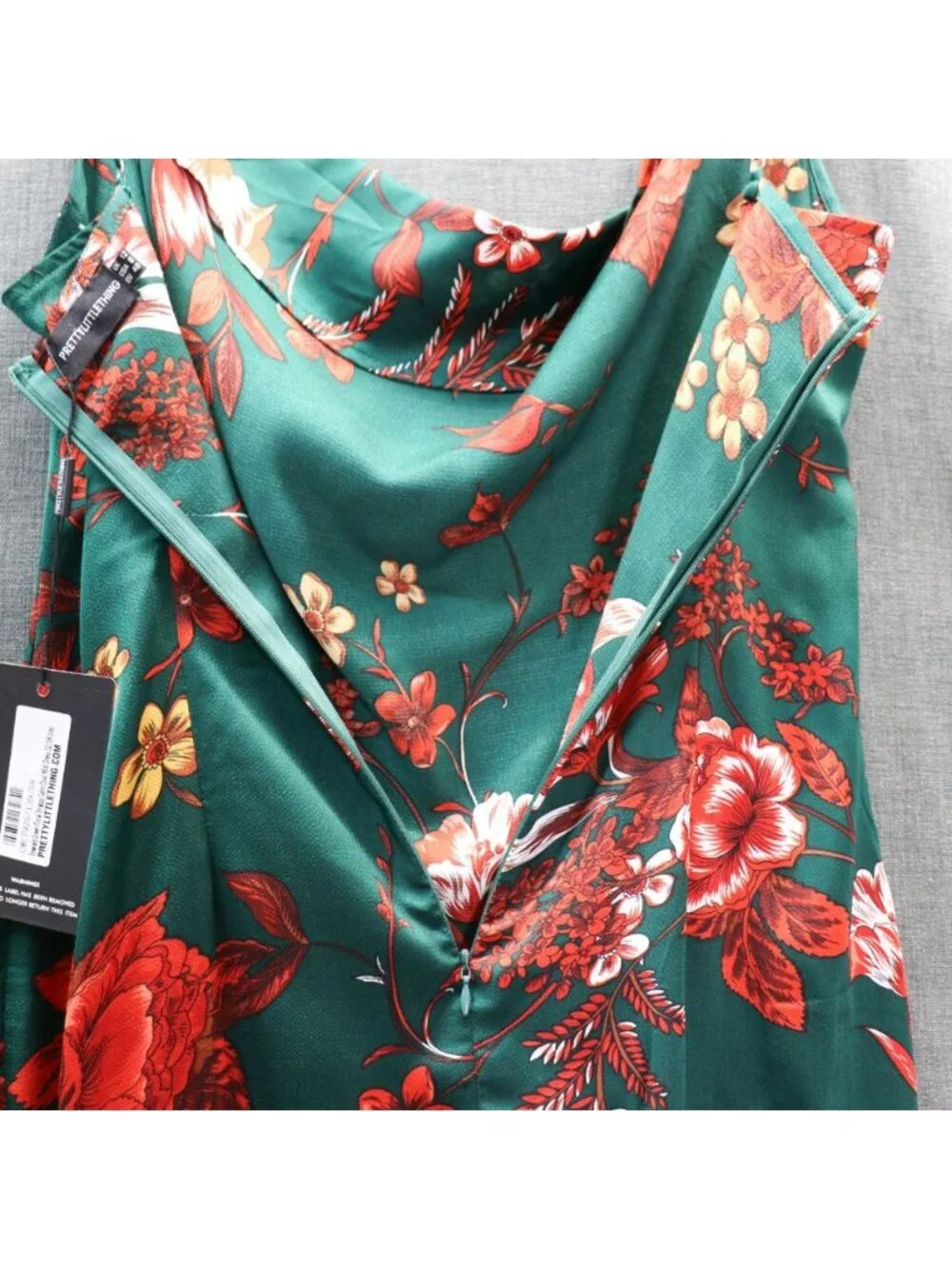 Pretty Little Thing Emerald Green Floral Strappy Satin Cowl Midi Dress NWT - Picture 12 of 16